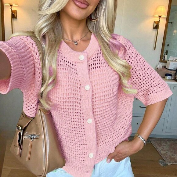 Pink Casual Women's Round Neck Short Sleeved Hollow Knitted Cardigan - Picture 3 of 9